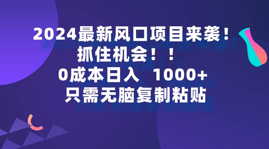 2024最新风口项目来袭，抓住机会，0成本一部手机日入1000+，只需无脑复…-疯来资源