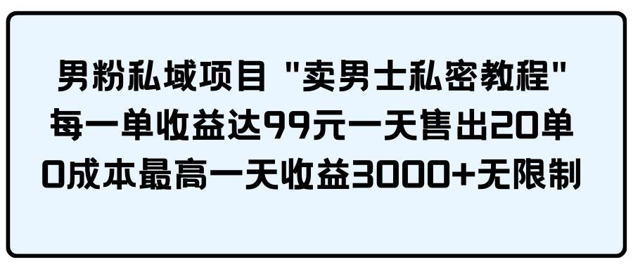 男粉私域项目 卖男士私密教程 每一单收益达99元一天售出20单-疯来资源