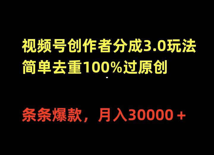 视频号创作者分成3.0玩法，简单去重100%过原创，条条爆款，月入30000＋-疯来资源