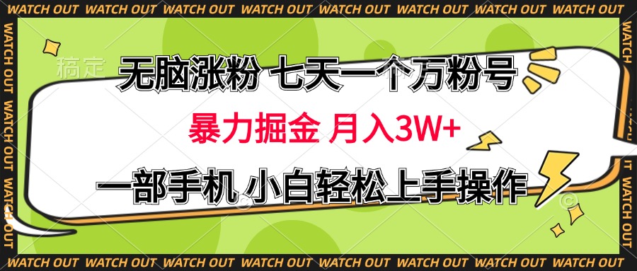 无脑涨粉 七天一个万粉号 暴力掘金 月入三万+，一部手机小白轻松上手操作-疯来资源