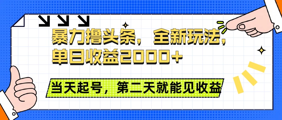 暴力撸头条全新玩法，单日收益2000+，小白也能无脑操作，当天起号，第二天见收益-疯来资源