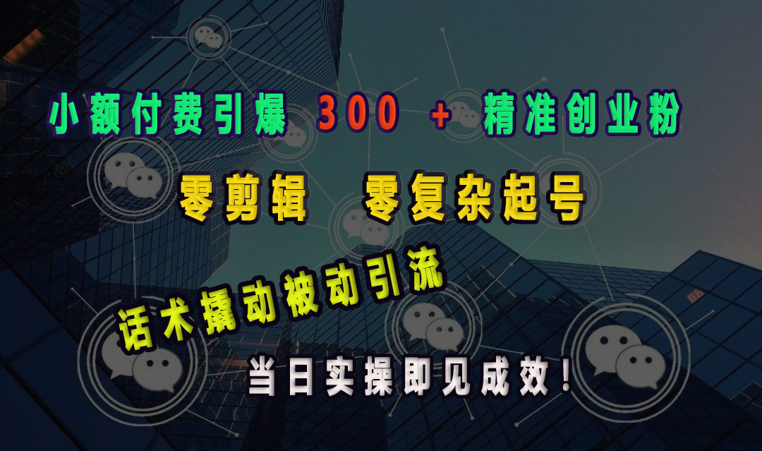 小额付费引爆 300 + 精准创业粉，零剪辑、零复杂起号，话术撬动被动引流，当日实操即见成效！-疯来资源