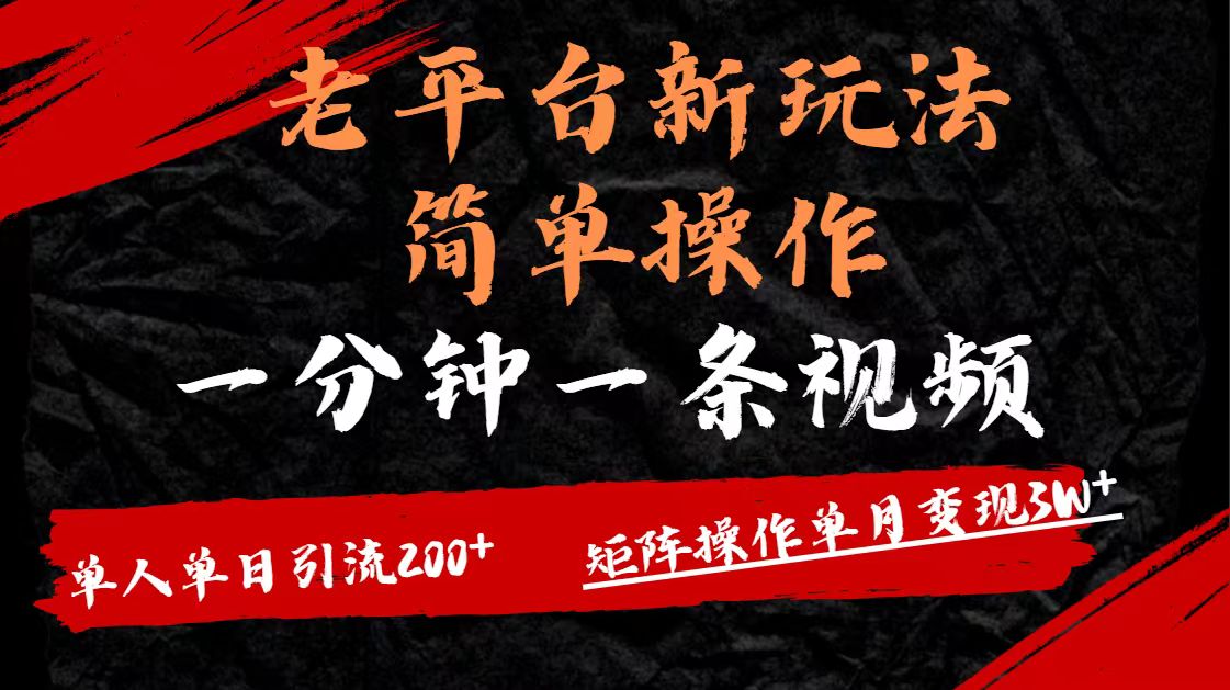 老平台，新玩法，简单操作，一分钟一条视频，单人单人引流200+矩阵操作，单月变现3W-疯来资源