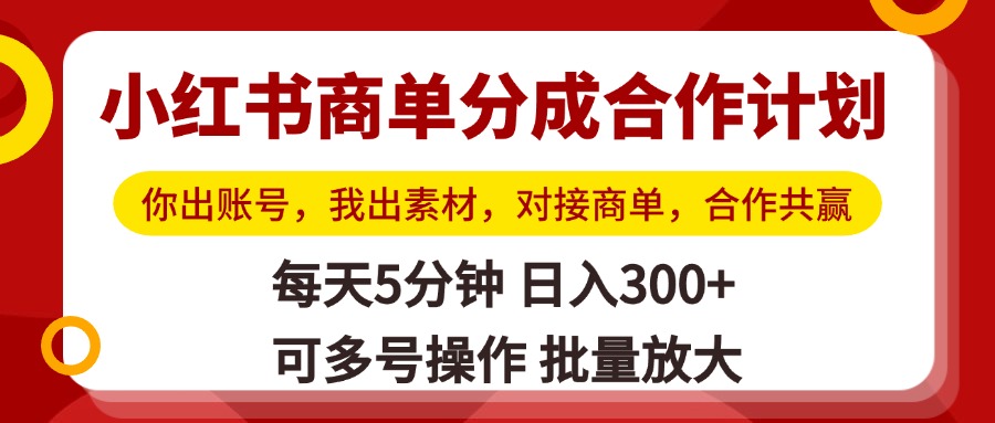 小红书商单分成合作计划，你出账号，我出素材，对接商单，合作共赢，单号日入300+，可批量放大-疯来资源